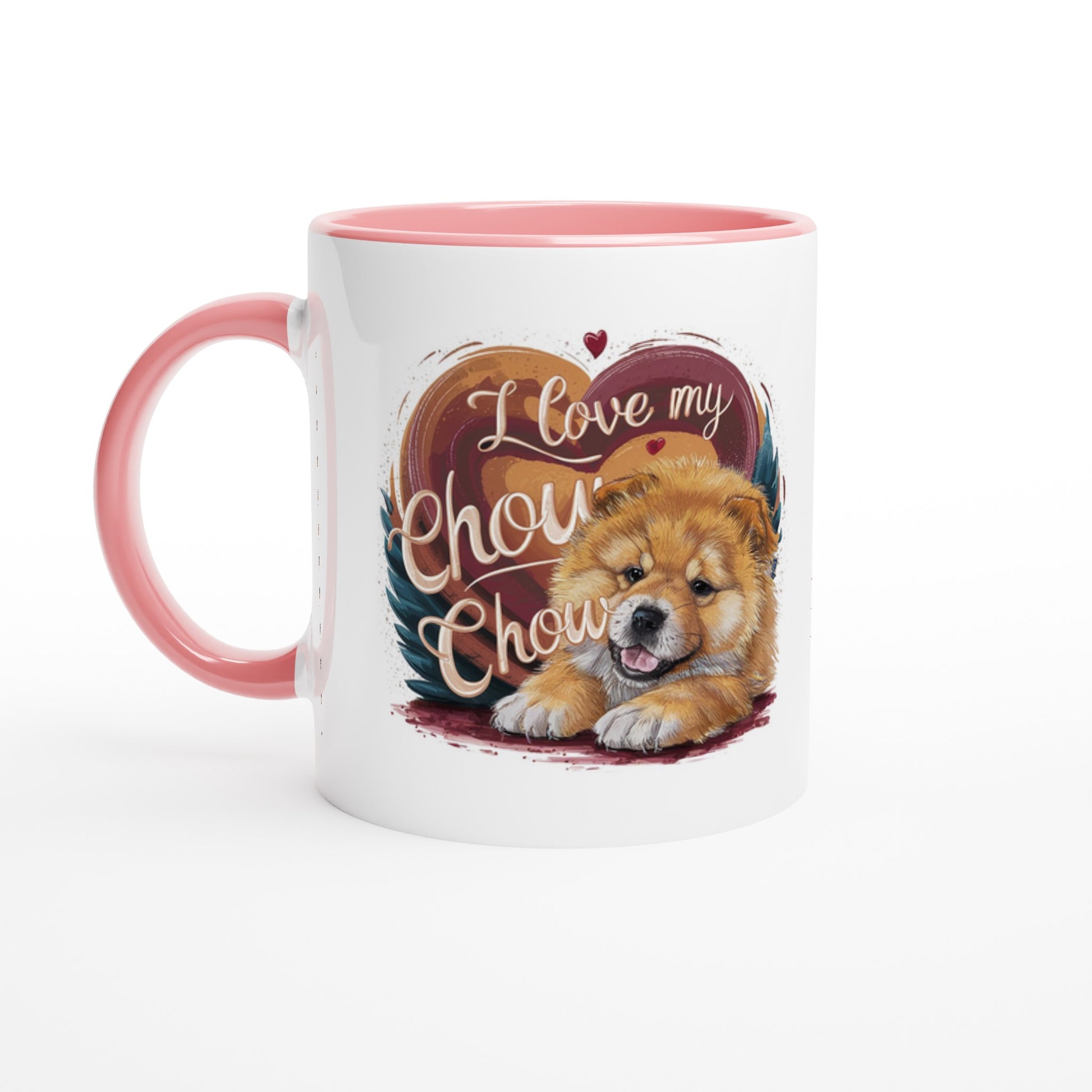 An coffee mug with a design with the phrase: "I love my Chow Chow" and a cute chow chow puppy. Handle and inside of the mug color is pink