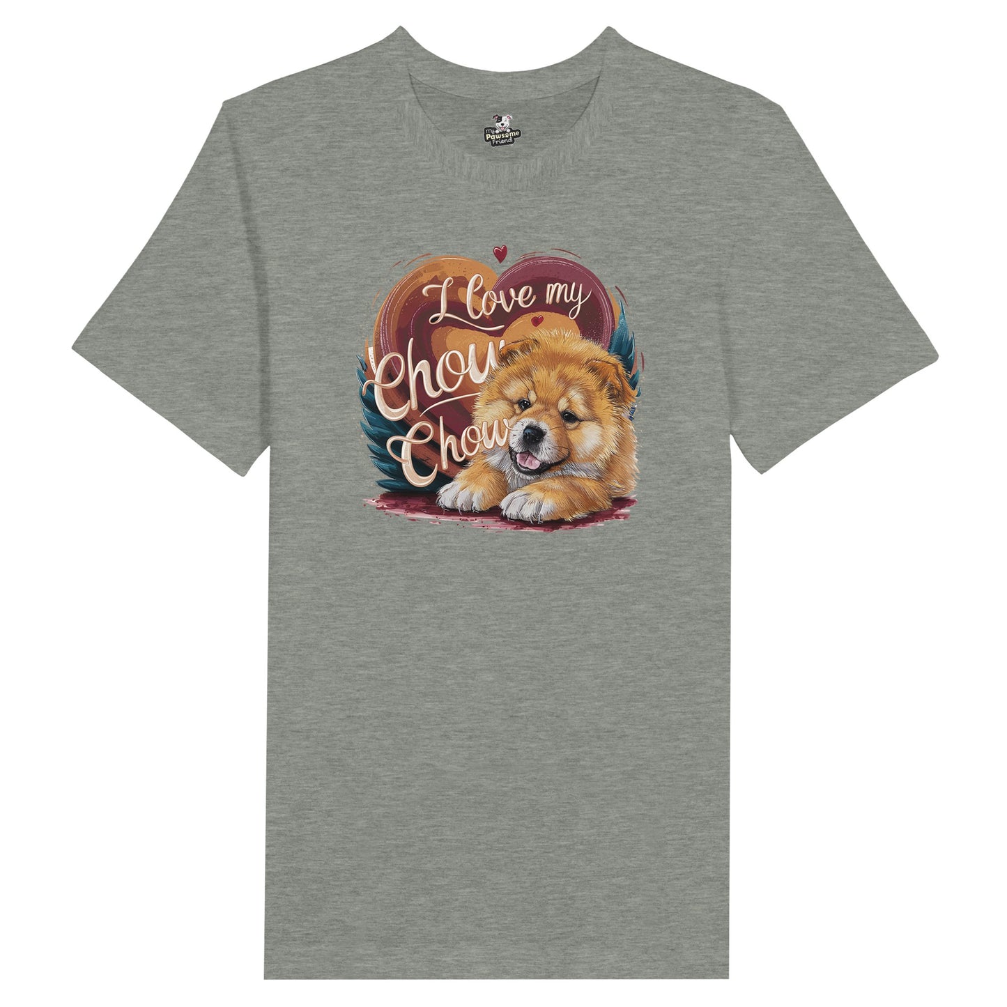 An unisex t shirt with a design with the phrase: "I love my Chow Chow" and a cute chow chow puppy. Shirt color is grey