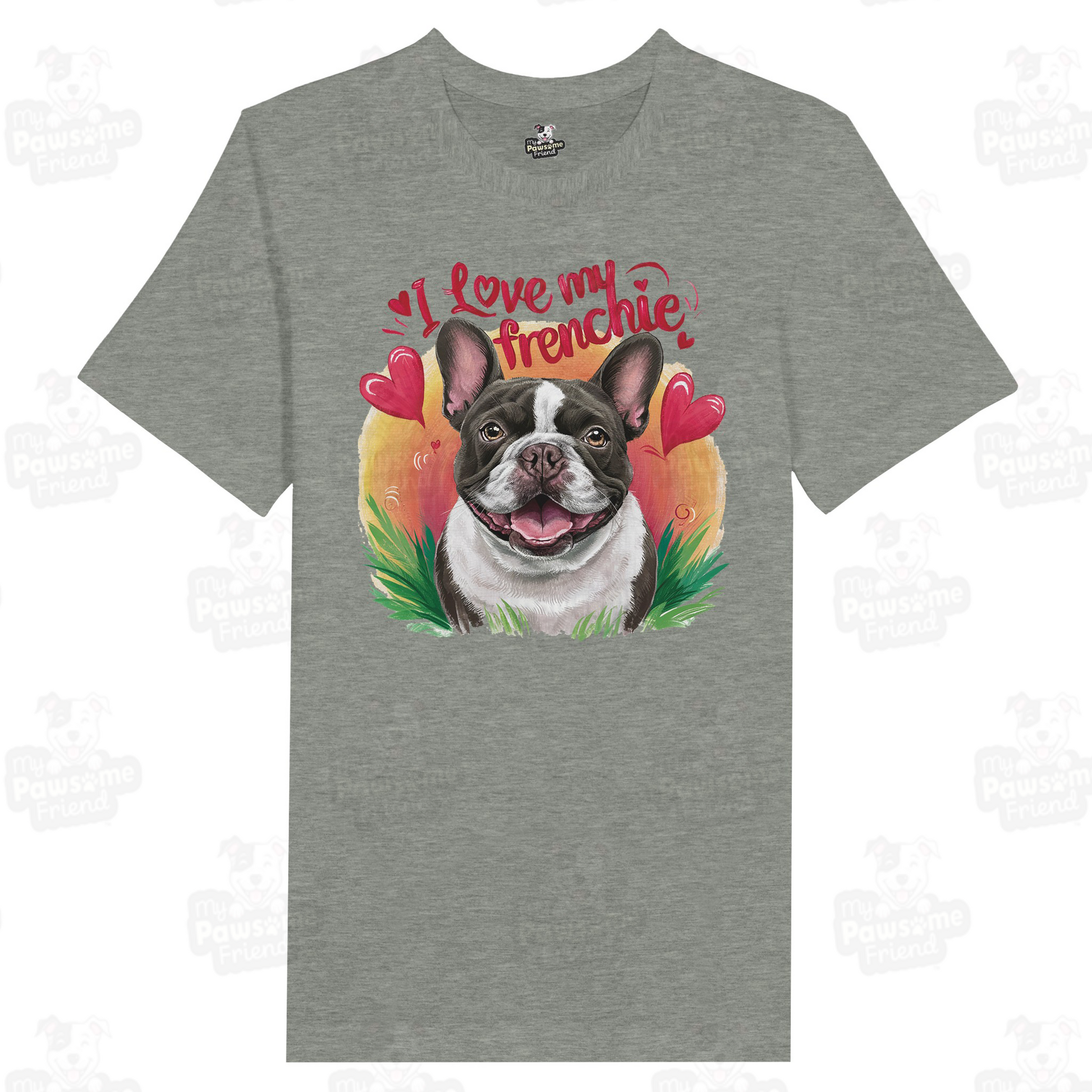 An unisex t shirt with a cute design featuring a french bulldog smiling surrounded by heart designs, and the phrase "I love my Frenchie". The color of the unisex t shirt is athletic heather or grey