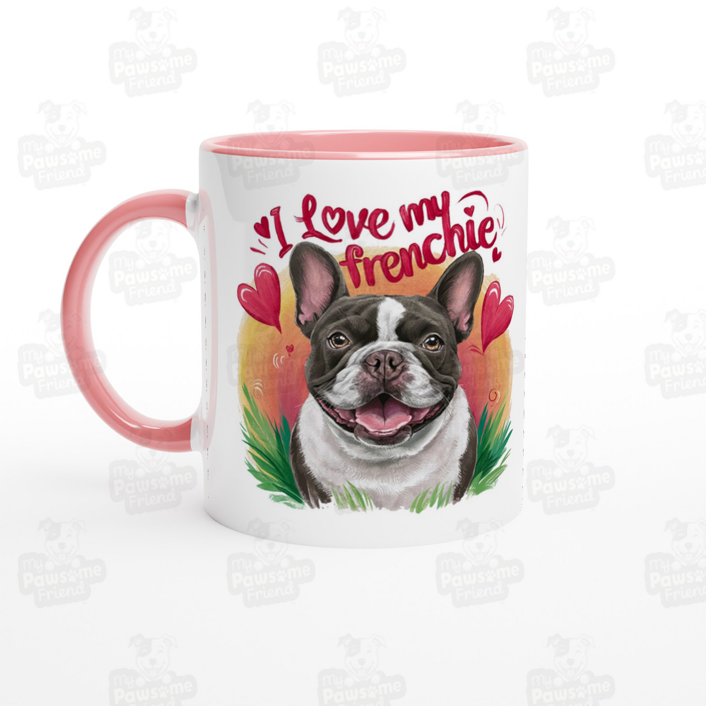 A coffee mug with a cute design featuring a french bulldog smiling surrounded by heart designs, and the phrase "I love my Frenchie". The handle color of the coffee mug is pink