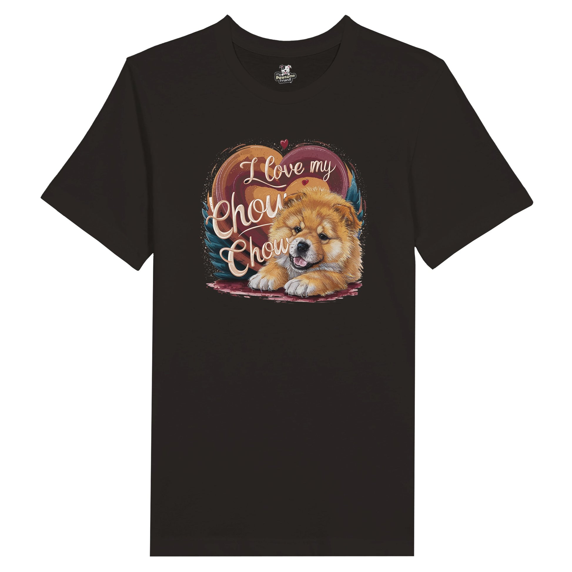 An unisex t shirt with a design with the phrase: "I love my Chow Chow" and a cute chow chow puppy. Shirt color is black