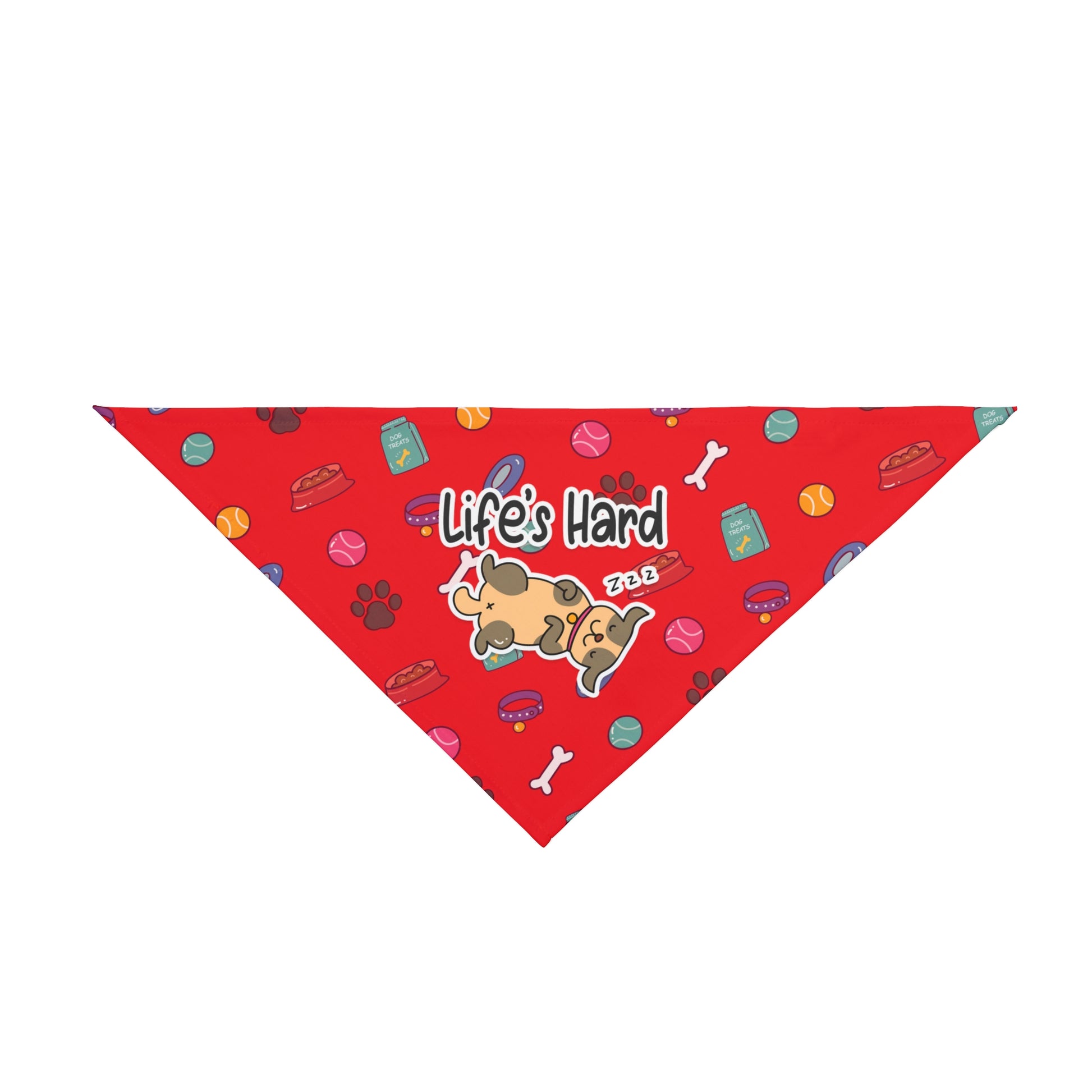 A pet bandana with a beautiful pattern design featuring all things dog love. A smiling dog sleeping below a message that says "Life's hard". Bandana's Color is red