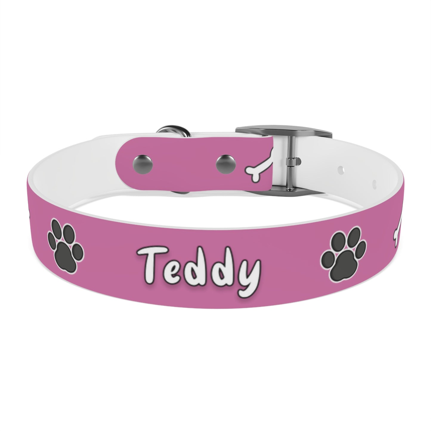 a dog collar with dog bones and paws design. The name of the dog is in the middle of the pet collar. The dog collar color is pink
