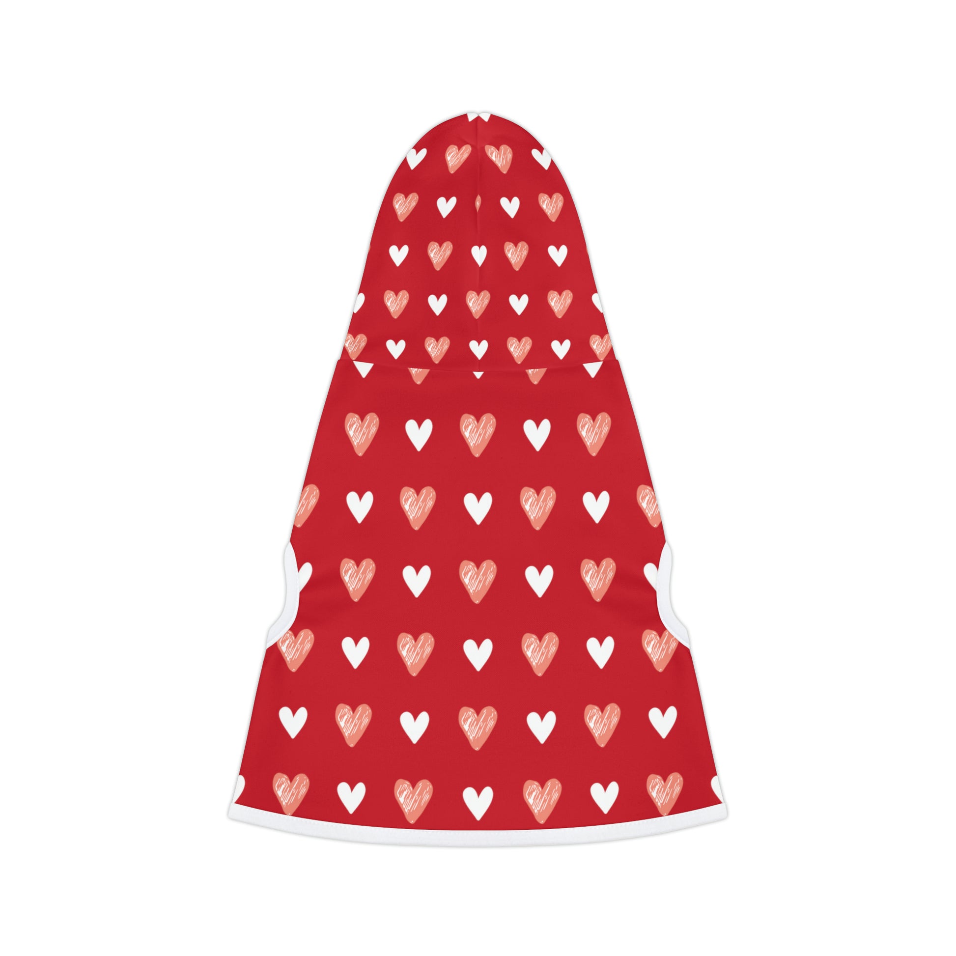 a pet hoodie with a beautiful hearts pattern design. Hoodie's Color is red
