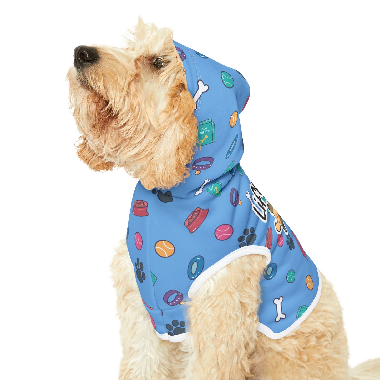 Side view of a cute dog wearing a pet hoodie with a beautiful pattern design featuring all things dog love. A smiling dog sleeping below a message that says "Life's hard". Hoodie's Color is blue