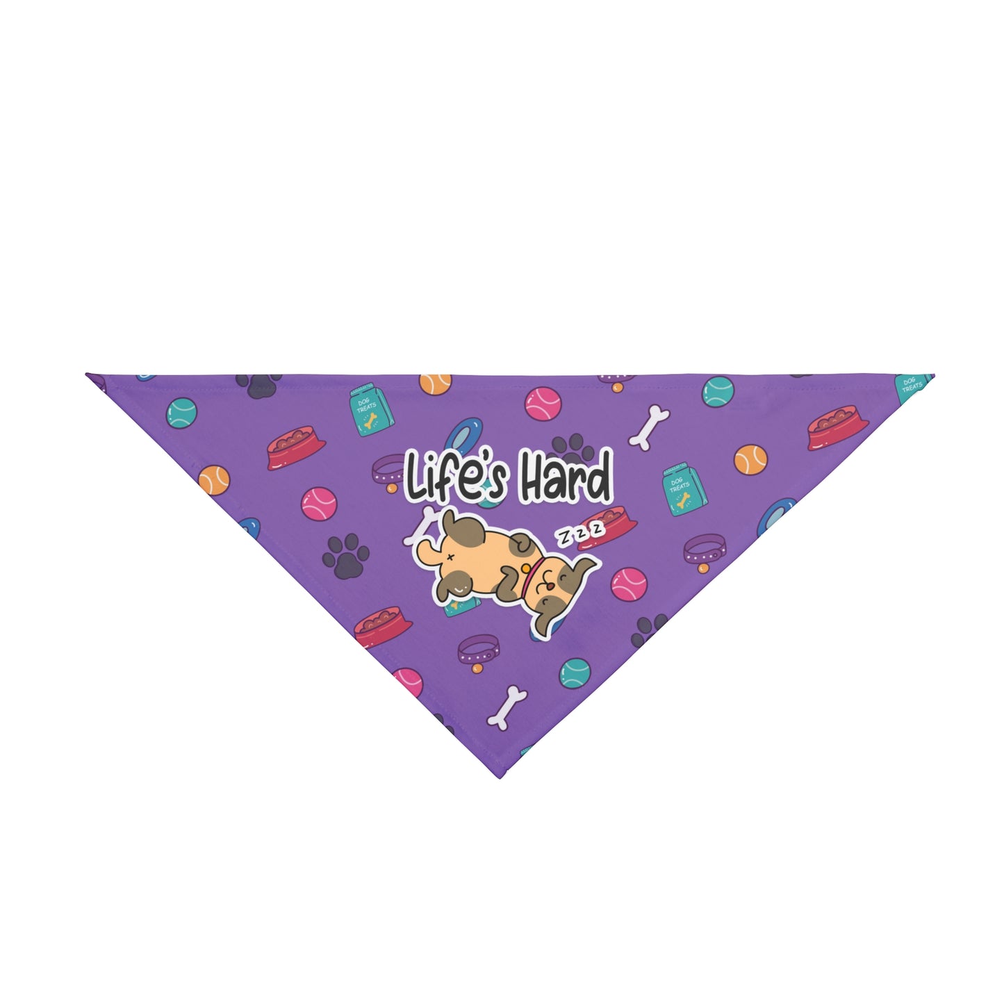 A pet bandana with a beautiful pattern design featuring all things dog love. A smiling dog sleeping below a message that says "Life's hard". Bandana's Color is purple