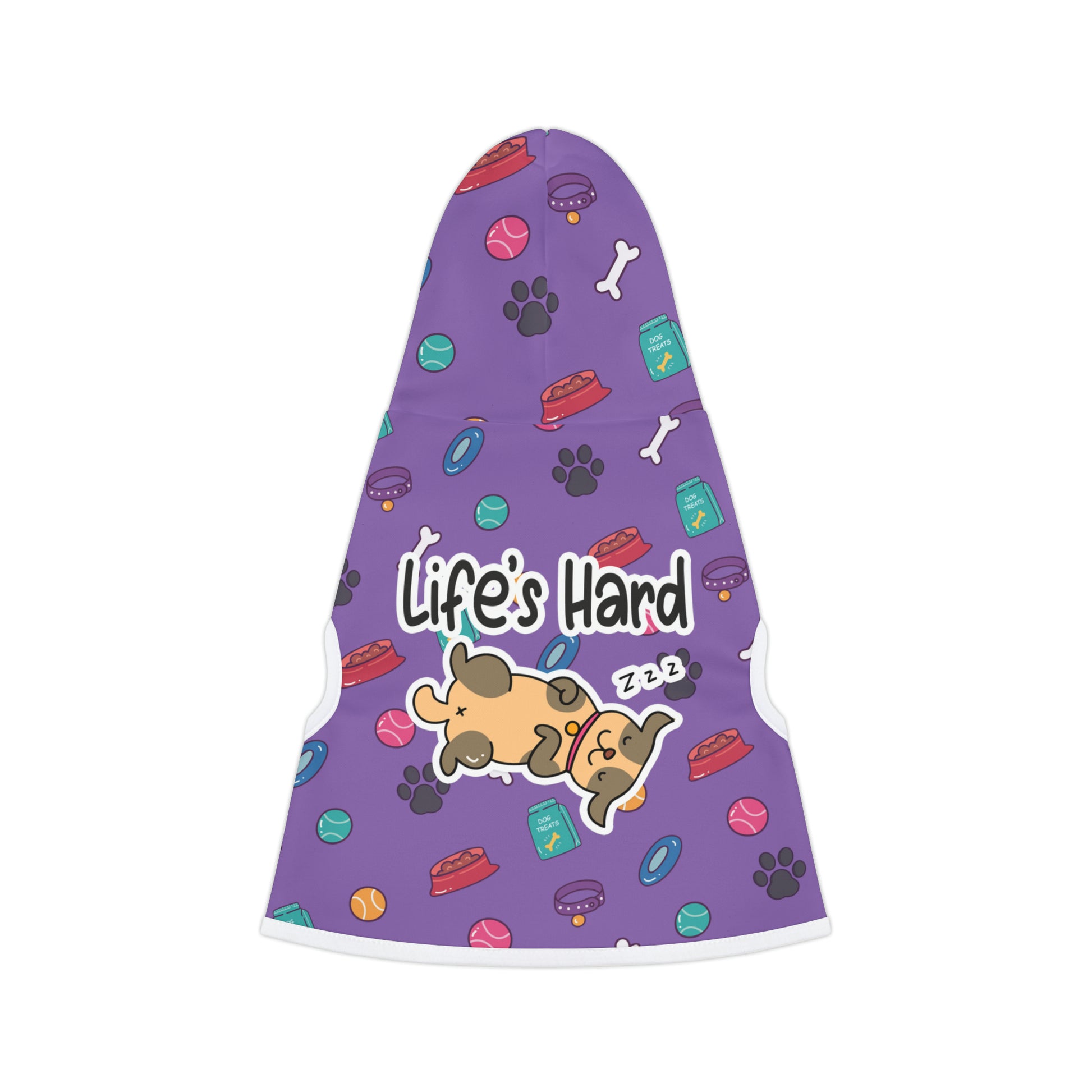 A pet hoodie with a beautiful pattern design featuring all things dog love. A smiling dog sleeping below a message that says "Life's hard". Hoodie's Color is purple