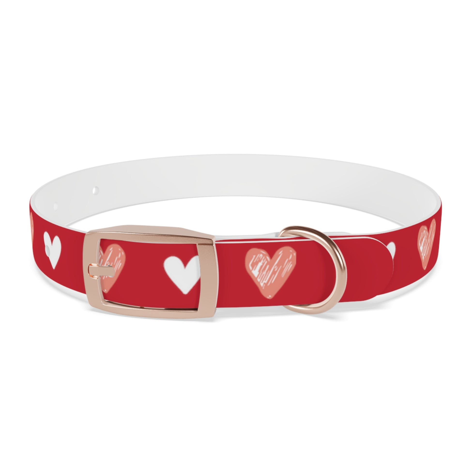 front of a dog collar with a beautiful hearts pattern design and the dog's name in the middle of the collar. The color of the dog collar is red