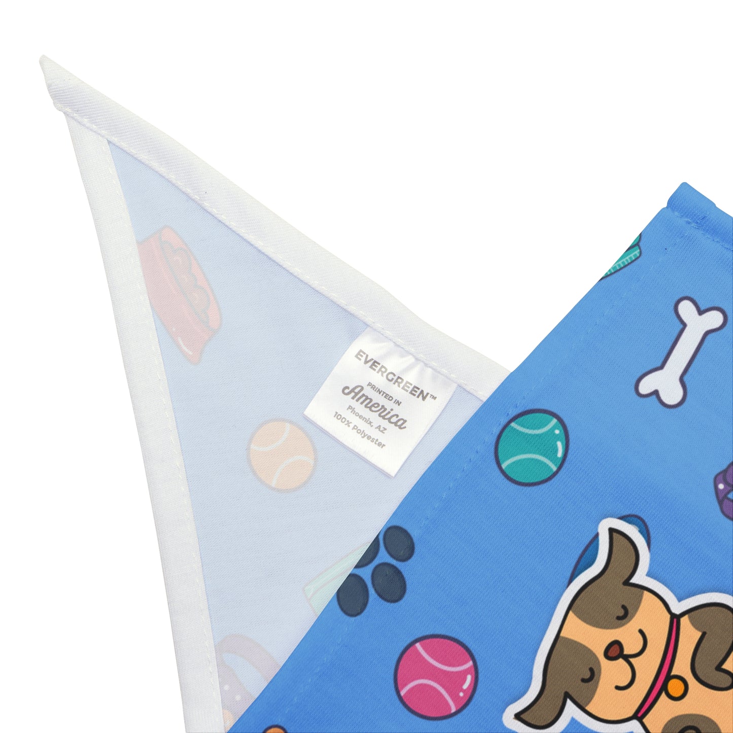 back of a pet bandana with a beautiful pattern design featuring all things dog love. A smiling dog sleeping below a message that says "Life's hard". Bandana's Color is blue