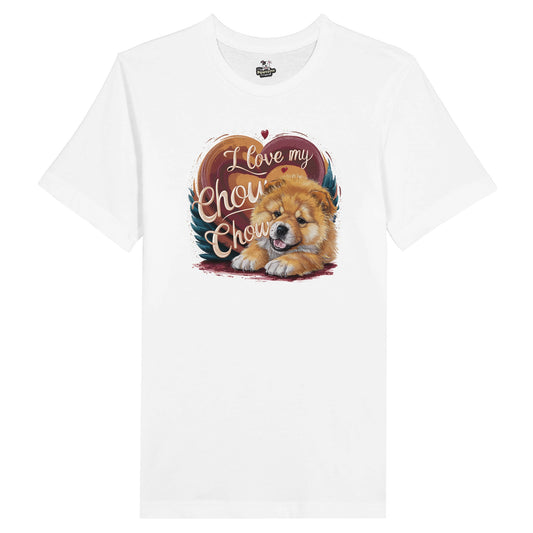 An unisex t shirt with a design with the phrase: "I love my Chow Chow" and a cute chow chow puppy. Shirt color is White