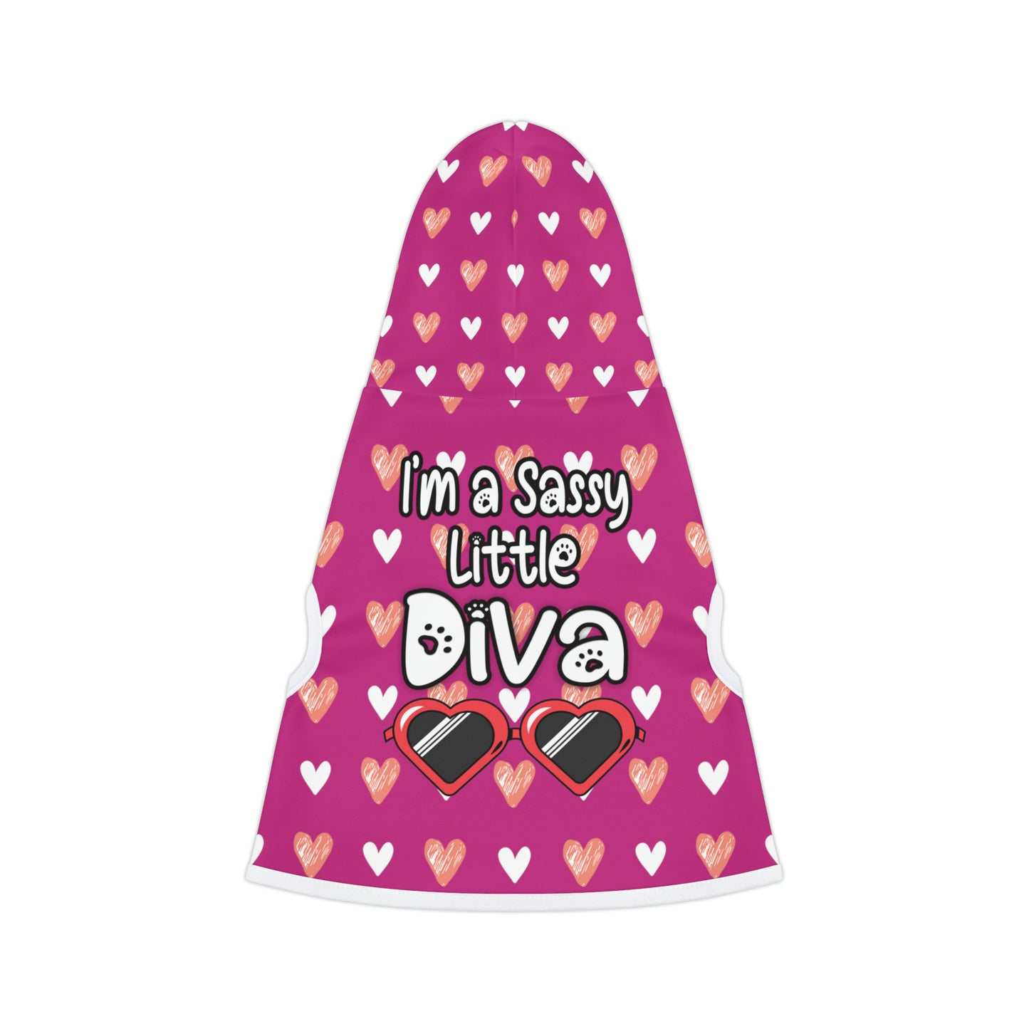 pet hoodie with a beautiful hearts pattern design with a message that says: "I'm a Sassy Little Diva" and sun glasses. Hoodie's Color is pink