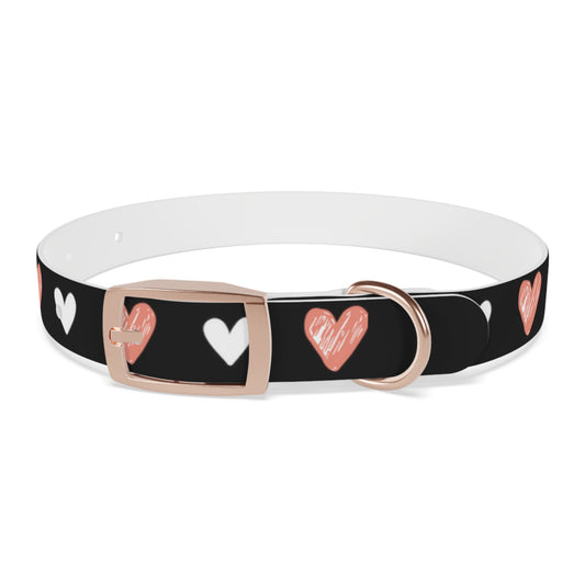 a dog collar with a beautiful hearts pattern design. The color of the dog collar is black