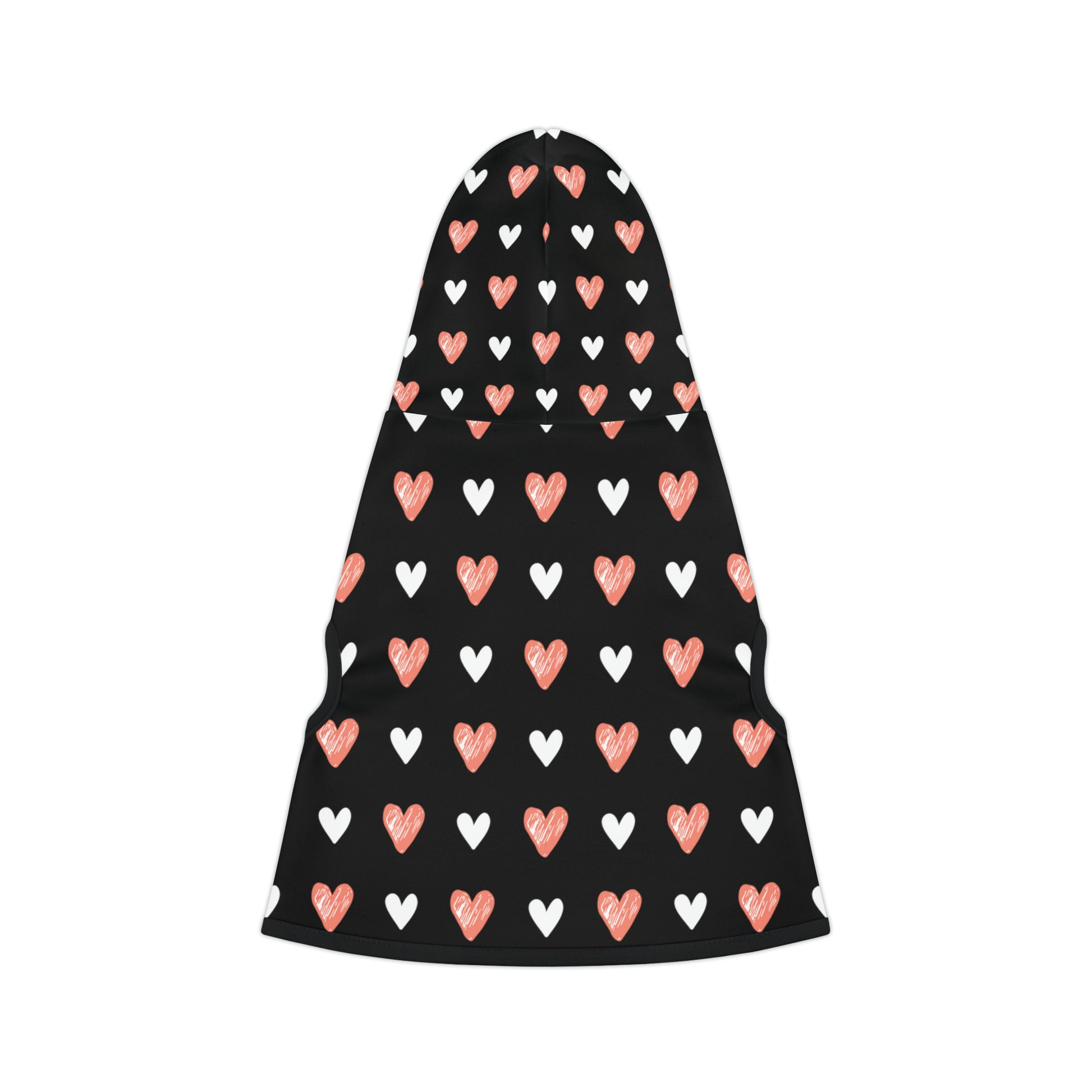 a pet hoodie with a beautiful hearts pattern design. Hoodie's Color is black