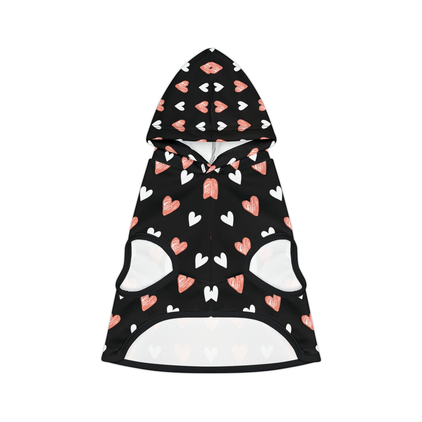 front of a pet hoodie with a beautiful hearts pattern design with a message that says: "I'm a Sassy Little Diva" and sun glasses. Hoodie's Color is black