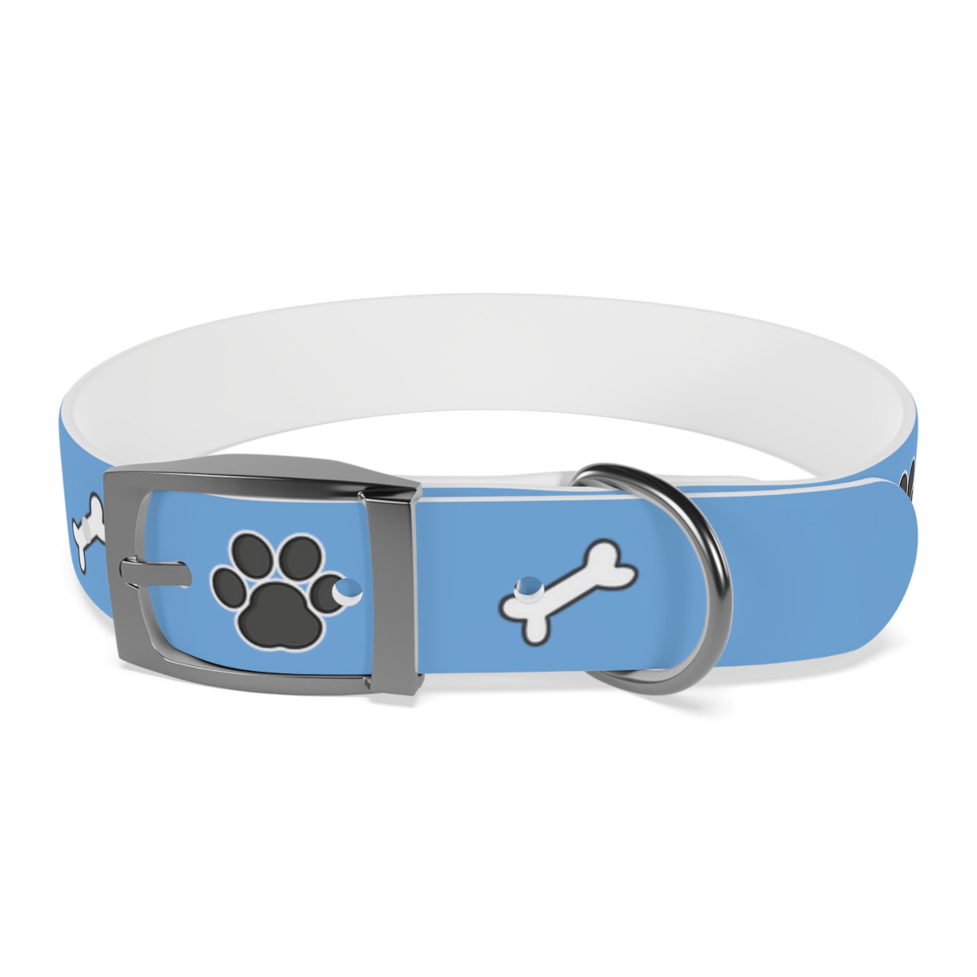 front of a dog collar with dog bones and paws design. The name of the dog is in the middle of the pet collar.  The dog collar color is blue