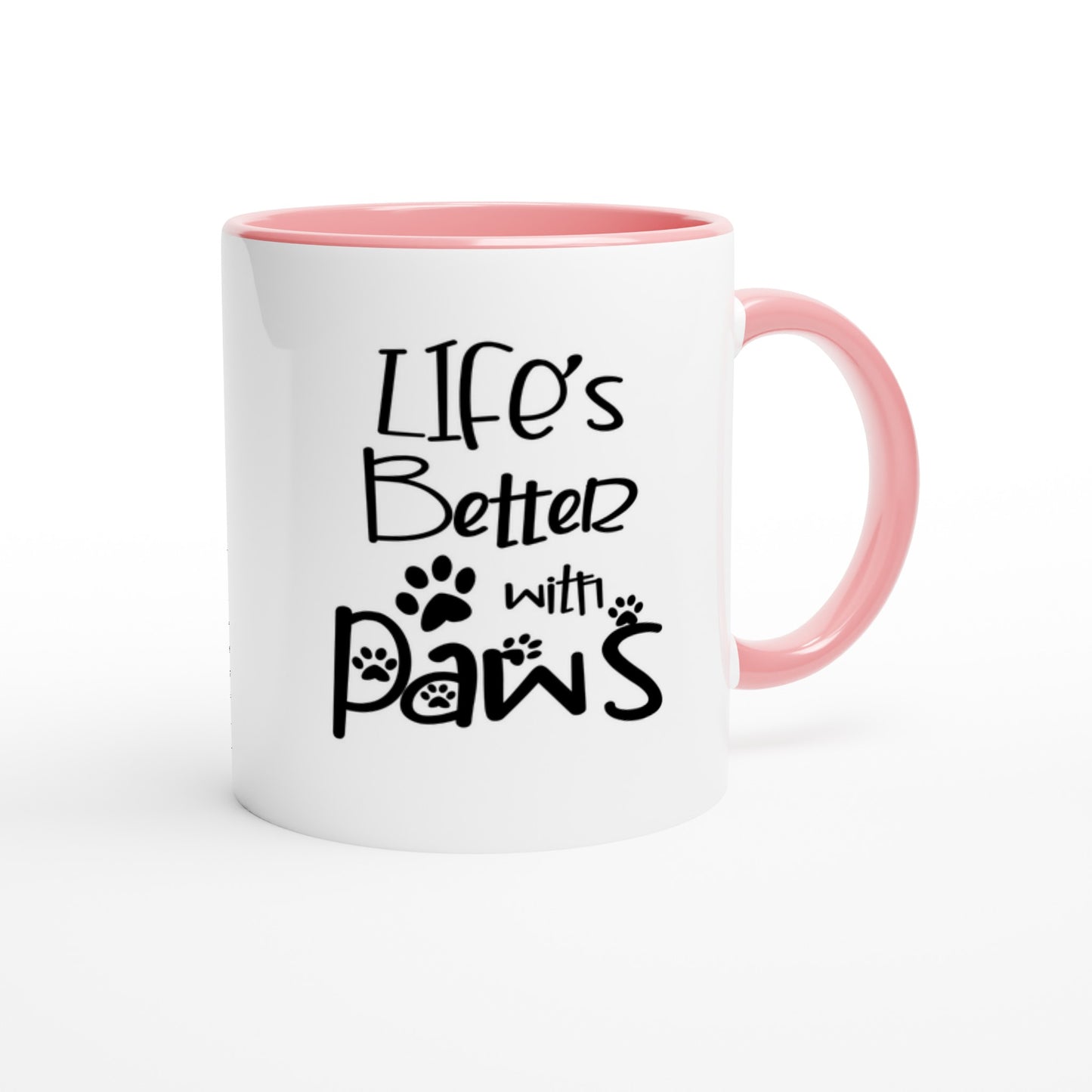 ceramic coffee mug with a logo design with the phrase: "Life's better with Paws" with a coloured handle and inside (pink)
