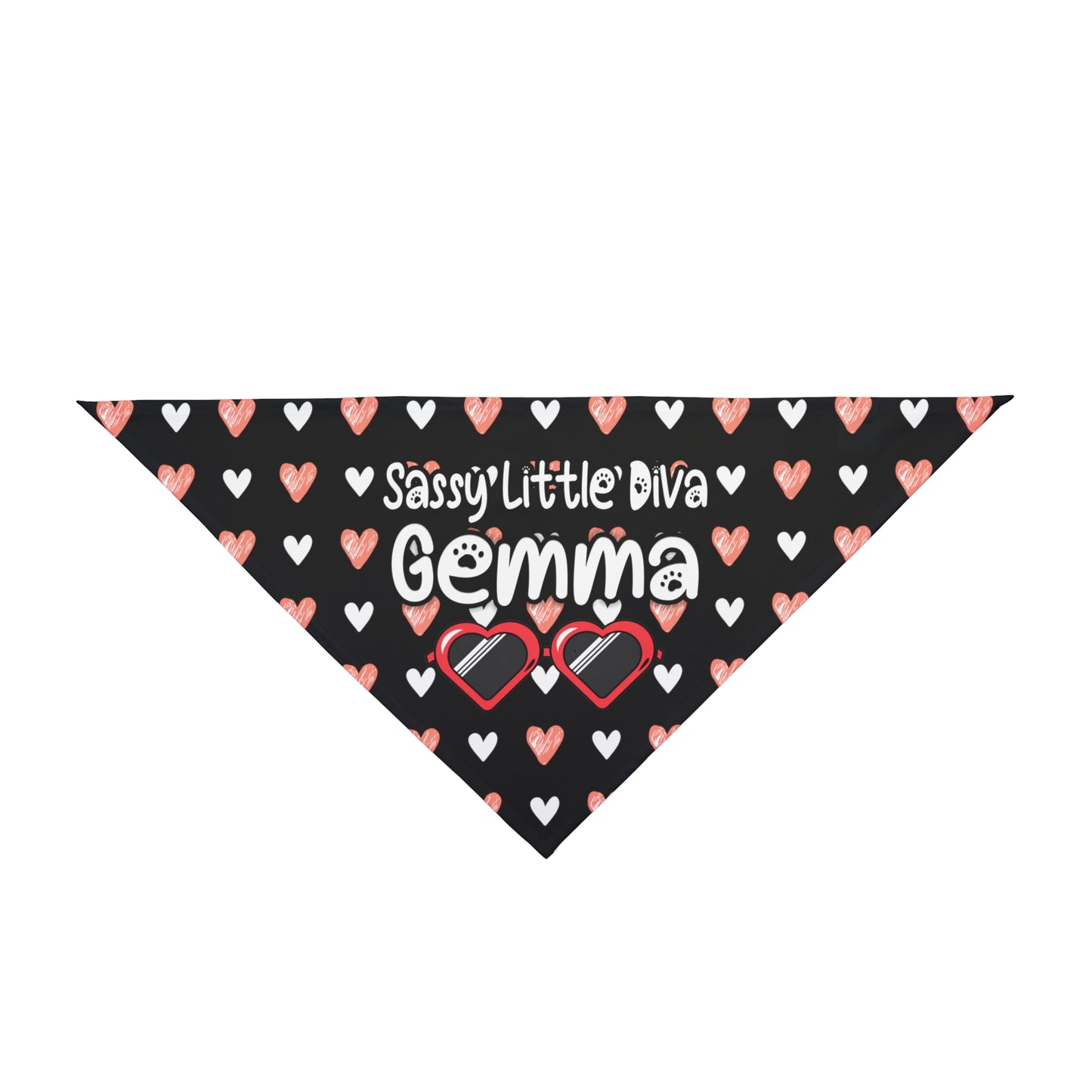 A pet bandana with a beautiful hearts pattern design with a message that says: "Little Diva Gemma" and sun glasses. Bandana's Color is black