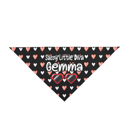 A pet bandana with a beautiful hearts pattern design with a message that says: "Little Diva Gemma" and sun glasses. Bandana's Color is black 