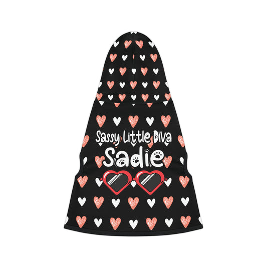 pet hoodie with a beautiful hearts pattern design with a message that says: "Little Diva Sadie" and sun glasses. Hoodie's Color is black