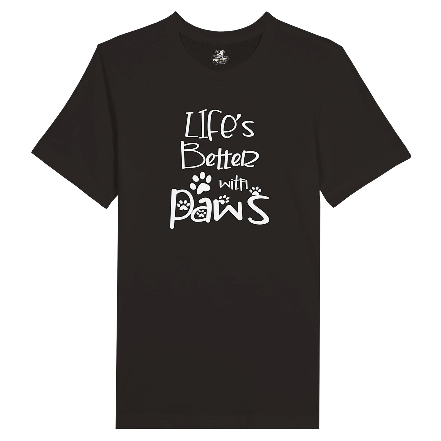A black t shirt with the design: "Life's better with paws"