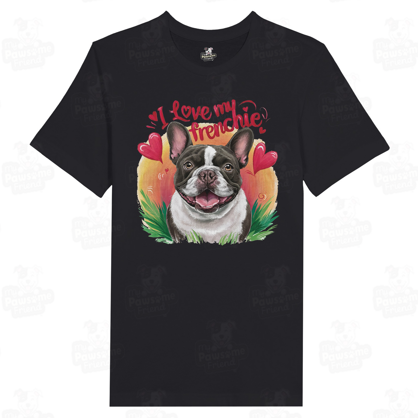An unisex t shirt with a cute design featuring a french bulldog smiling surrounded by heart designs, and the phrase "I love my Frenchie". The color of the unisex t shirt is black