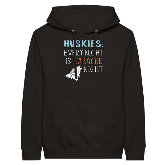 Unisex Hoodie with the design: "HUSKIES: Every Night Is Karaoke Night.". Color is black