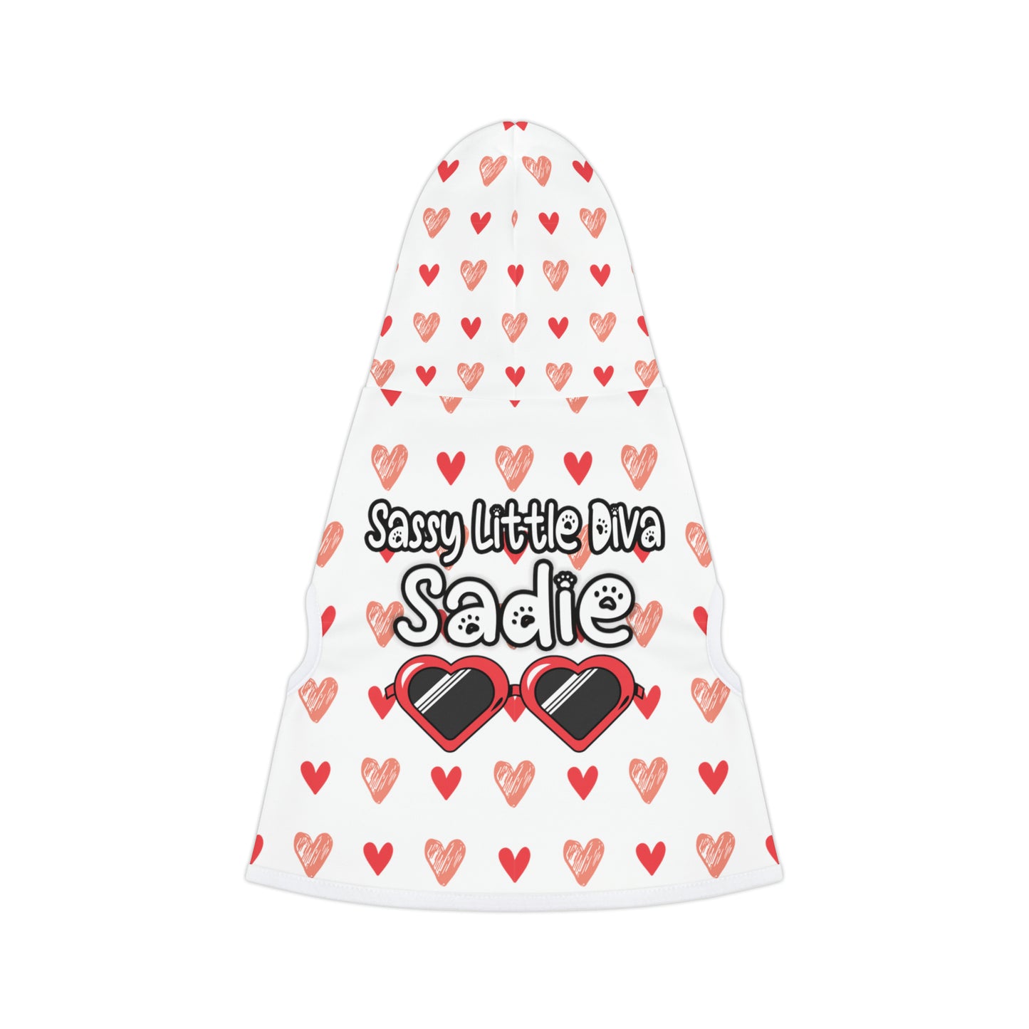 pet hoodie with a beautiful hearts pattern design with a message that says: "Little Diva Sadie" and sun glasses. Hoodie's Color is white