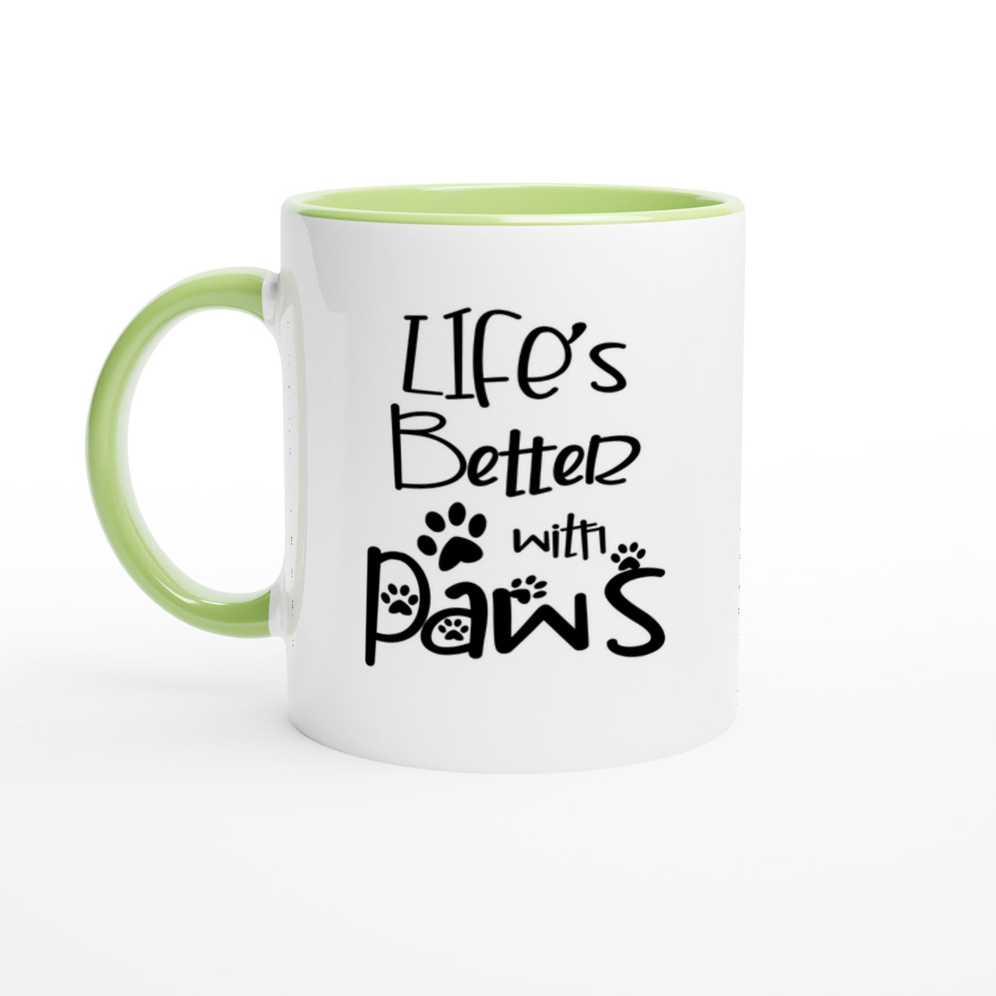 ceramic coffee mug with a logo design with the phrase: "Life's better with Paws" with a coloured handle and inside (green)