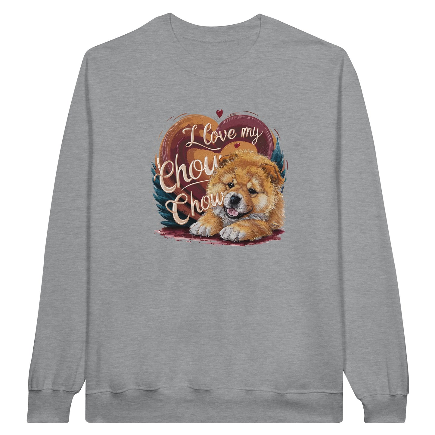 An unisex sweatshirt with a design with the phrase: "I love my Chow Chow" and a cute chow chow puppy. Shirt color is grey
