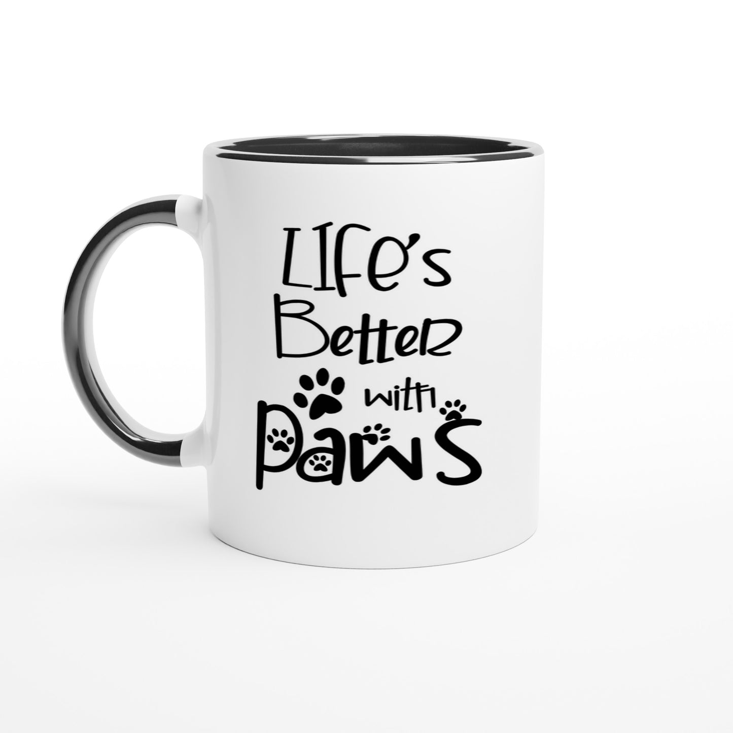 ceramic coffee mug with a logo design with the phrase: "Life's better with Paws" with a coloured handle and inside (black)