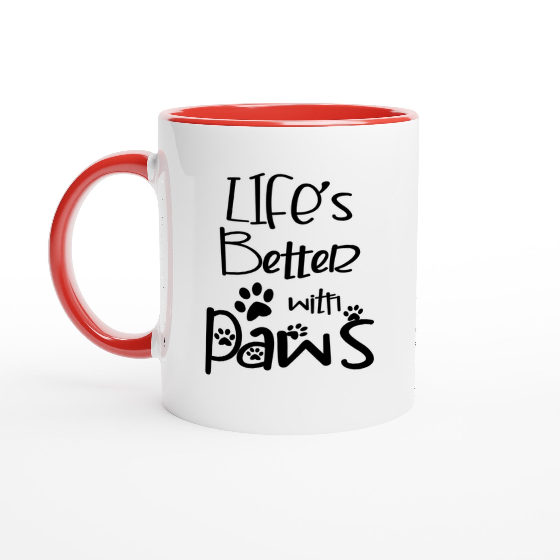 ceramic coffee mug with a logo design with the phrase: "Life's better with Paws" with a coloured handle and inside (red)