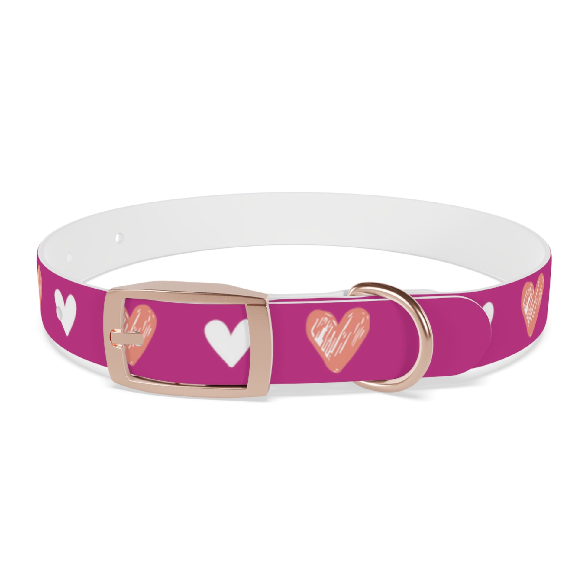 a dog collar with a beautiful hearts pattern design. The color of the dog collar is pink