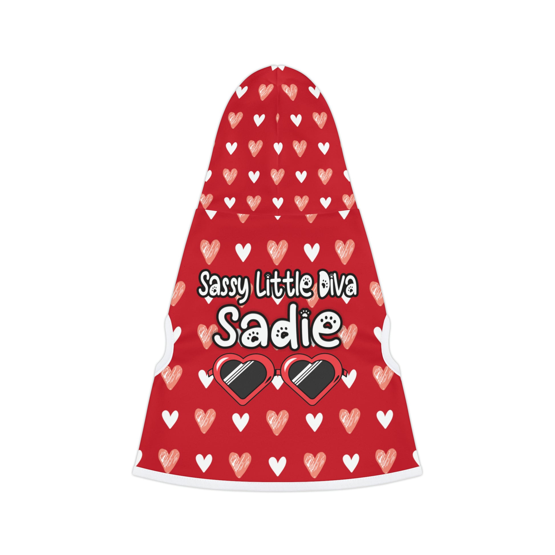 pet hoodie with a beautiful hearts pattern design with a message that says: "Little Diva Sadie" and sun glasses. Hoodie's Color is red