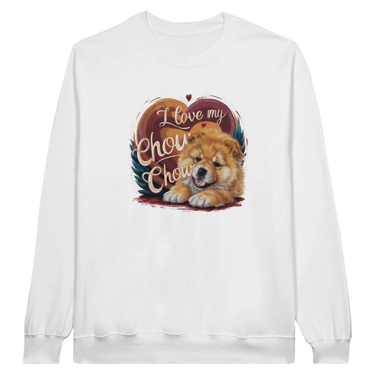 An unisex sweatshirt with a design with the phrase: "I love my Chow Chow" and a cute chow chow puppy. Shirt color is White