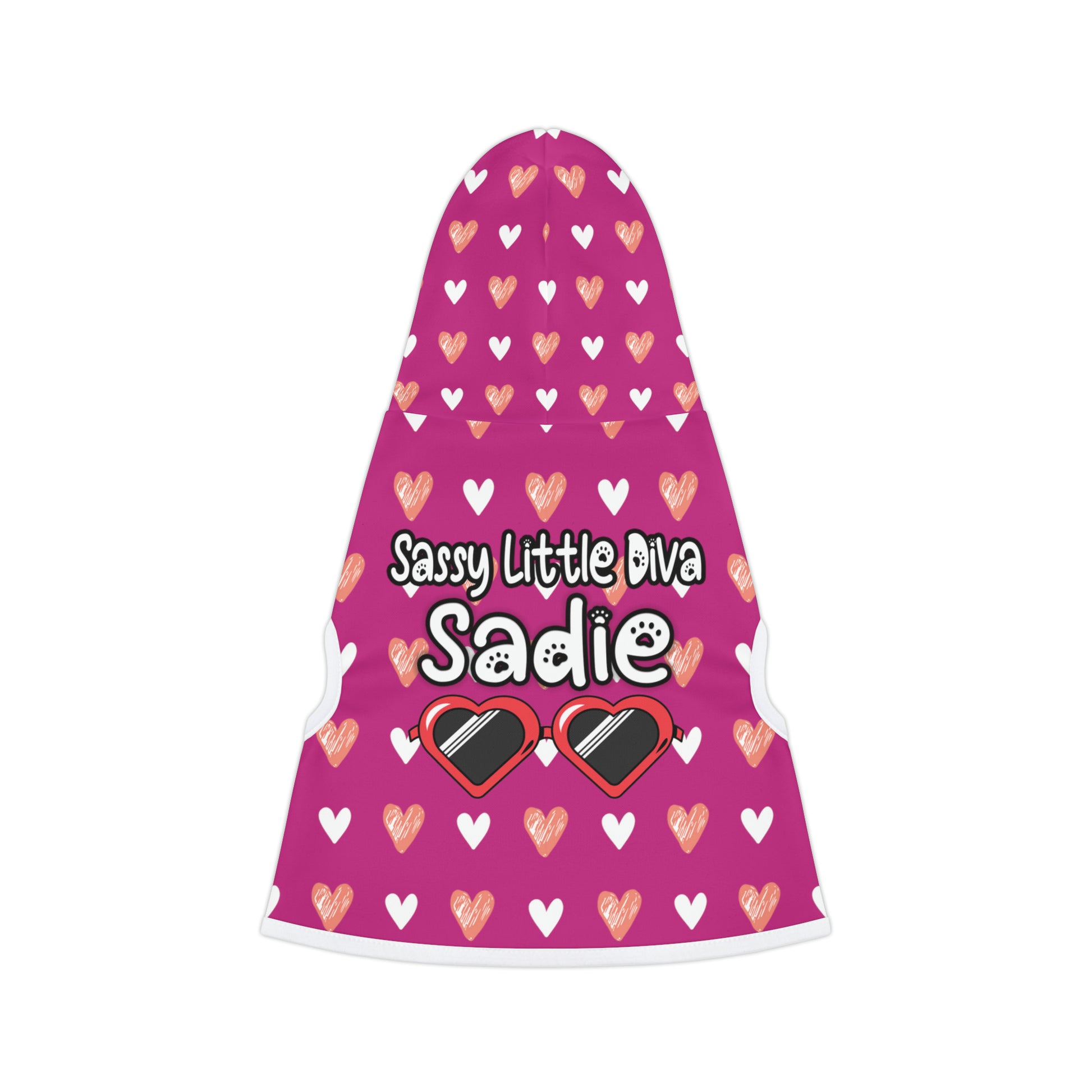 pet hoodie with a beautiful hearts pattern design with a message that says: "Little Diva Sadie" and sun glasses. Hoodie's Color is pink