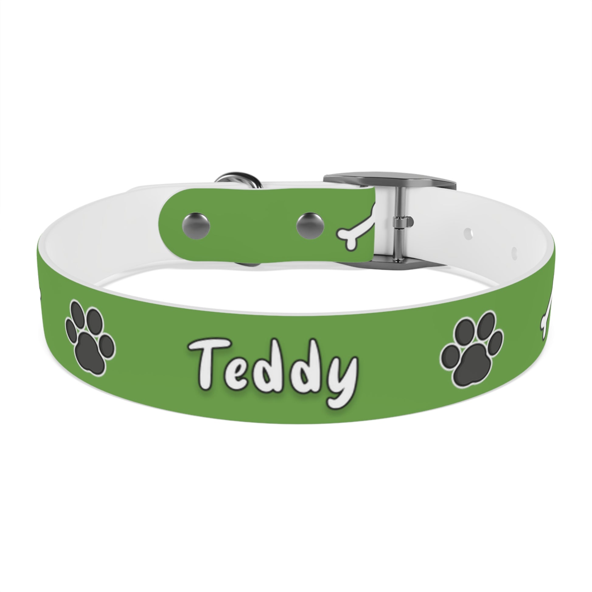 a dog collar with dog bones and paws design. The name of the dog is in the middle of the pet collar.  The dog collar color is green