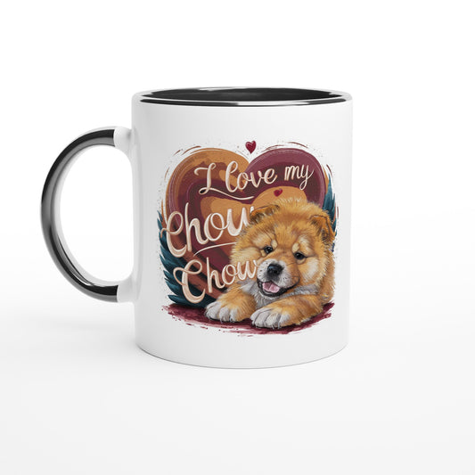An coffee mug with a design with the phrase: "I love my Chow Chow" and a cute chow chow puppy. Handle and inside of the mug color is black