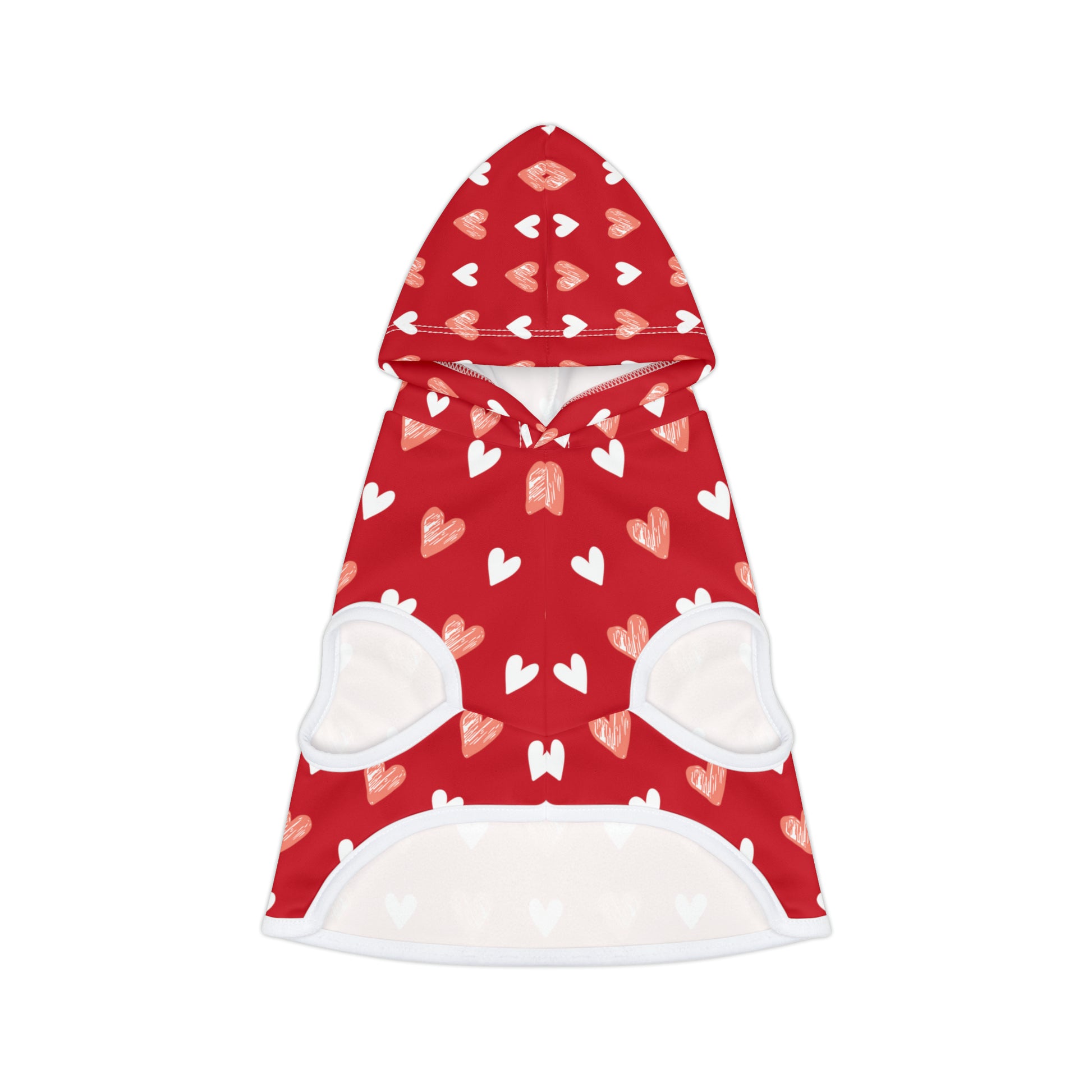 front of a pet hoodie with a beautiful hearts pattern design. Hoodie's Color is red