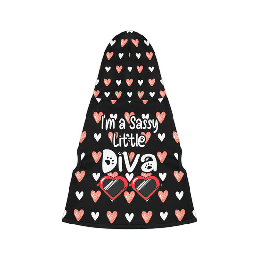 pet hoodie with a beautiful hearts pattern design with a message that says: "I'm a Sassy Little Diva" and sun glasses. Hoodie's Color is black