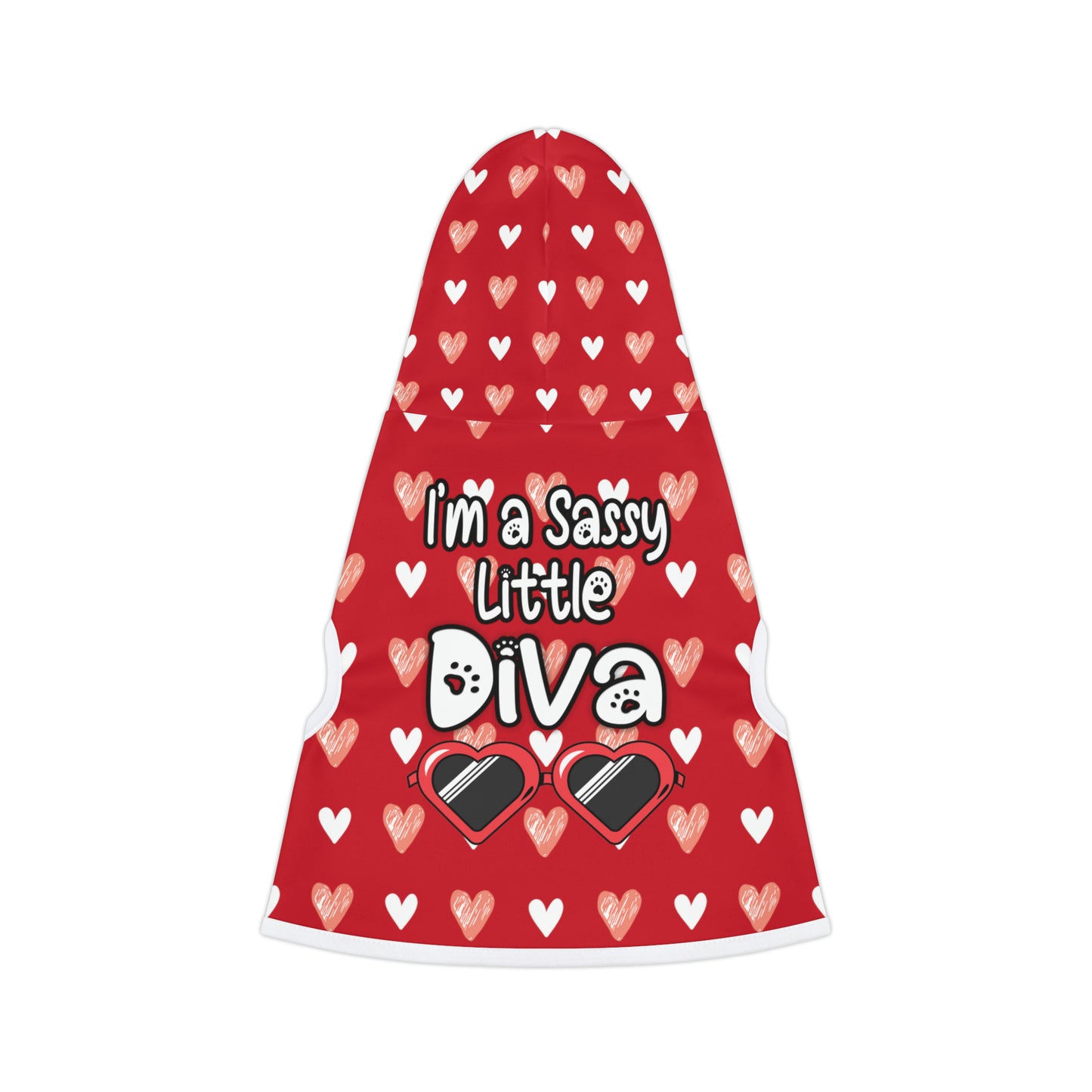 pet hoodie with a beautiful hearts pattern design with a message that says: "I'm a Sassy Little Diva" and sun glasses. Hoodie's Color is red