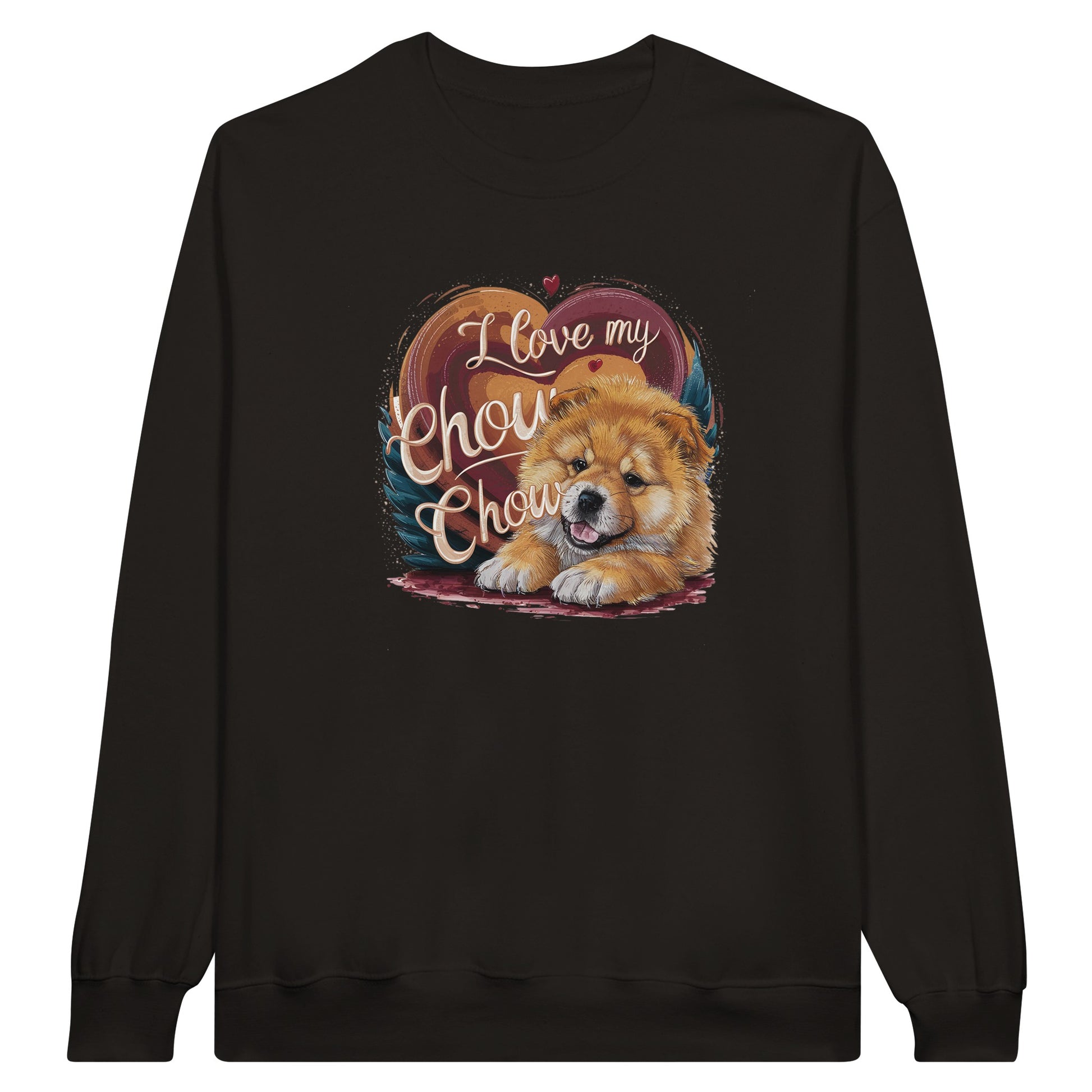 An unisex sweatshirt with a design with the phrase: "I love my Chow Chow" and a cute chow chow puppy. Shirt color is black