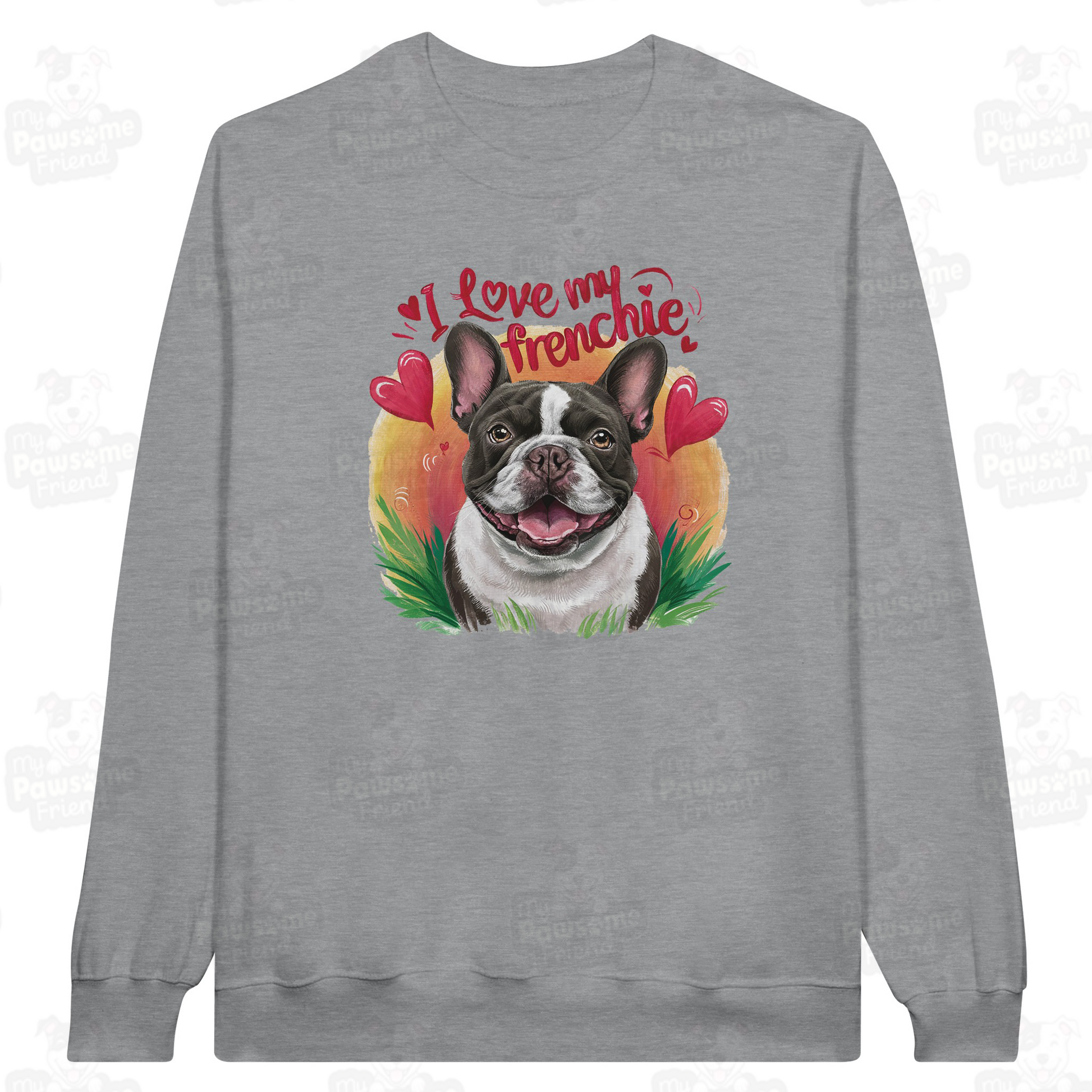 An unisex sweatshirt with a cute design featuring a french bulldog smiling surrounded by heart designs, and the phrase "I love my Frenchie". The color of the unisex sweatshirt is grey