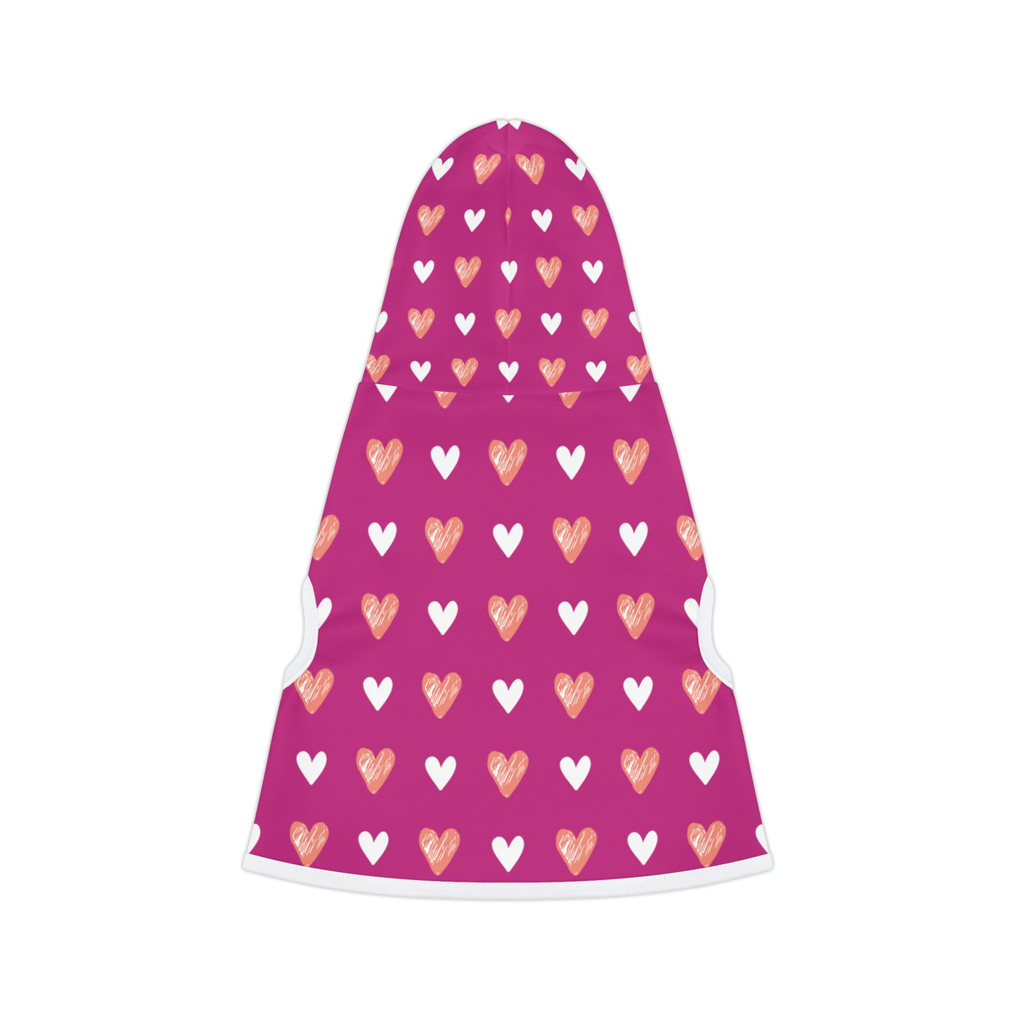 a pet hoodie with a beautiful hearts pattern design. Hoodie's Color is pink