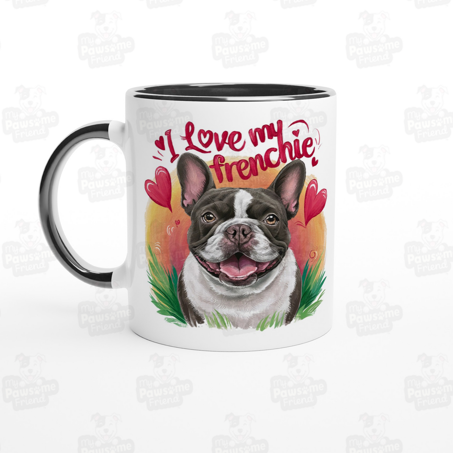 A coffee mug with a cute design featuring a french bulldog smiling surrounded by heart designs, and the phrase "I love my Frenchie". The handle color of the coffee mug is black