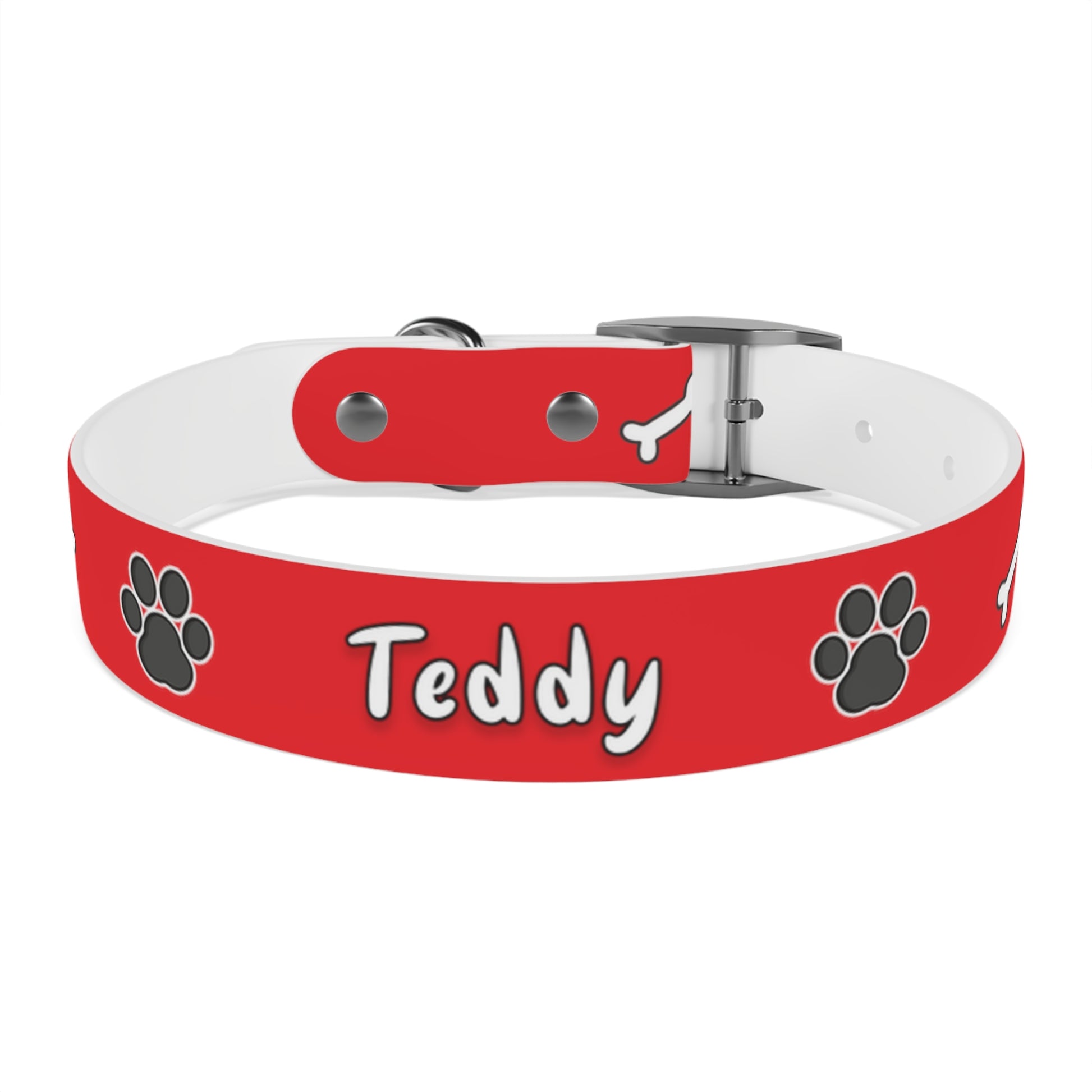 a dog collar with dog bones and paws design. The name of the dog is in the middle of the pet collar.  The dog collar color is red