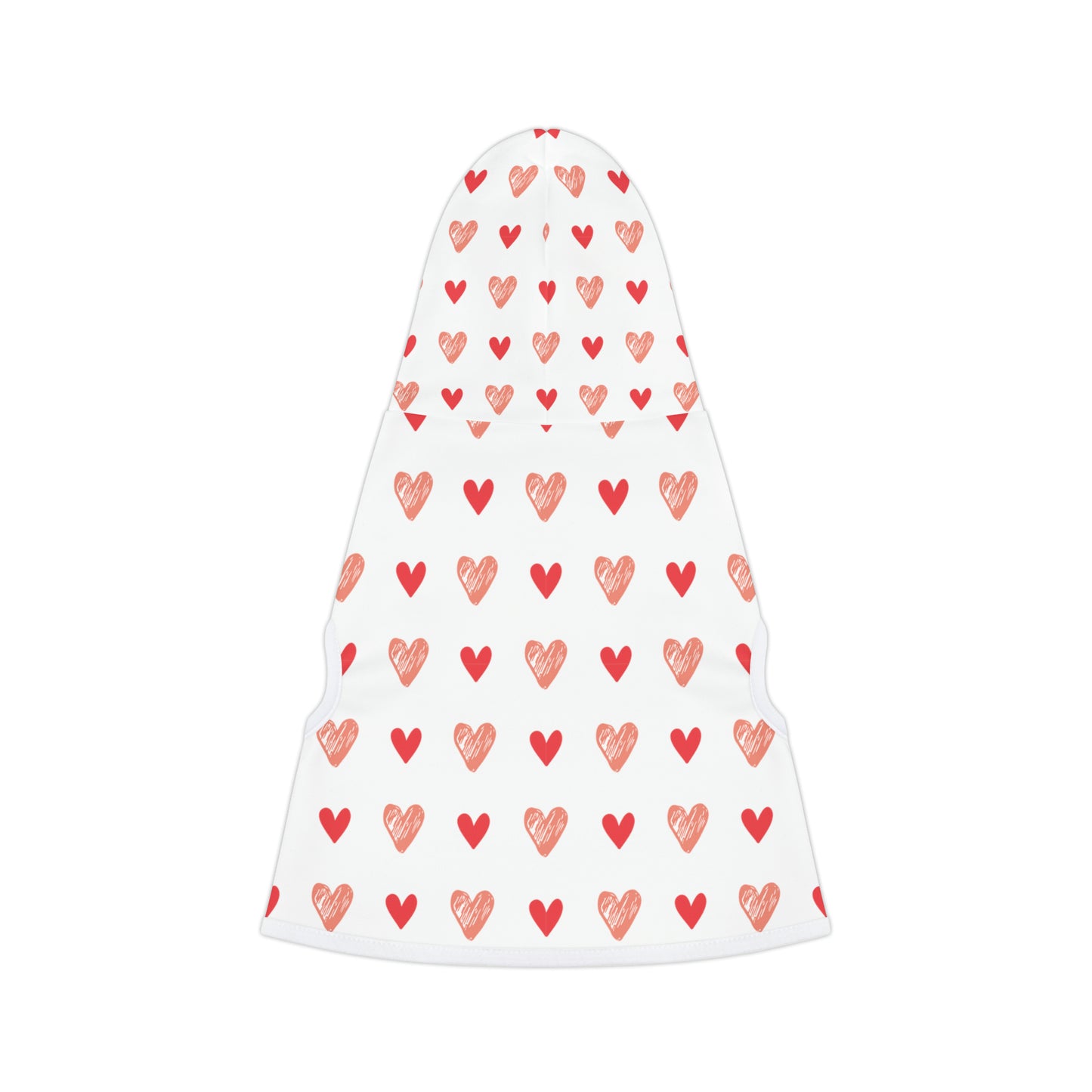 a pet hoodie with a beautiful hearts pattern design. Hoodie's Color is white