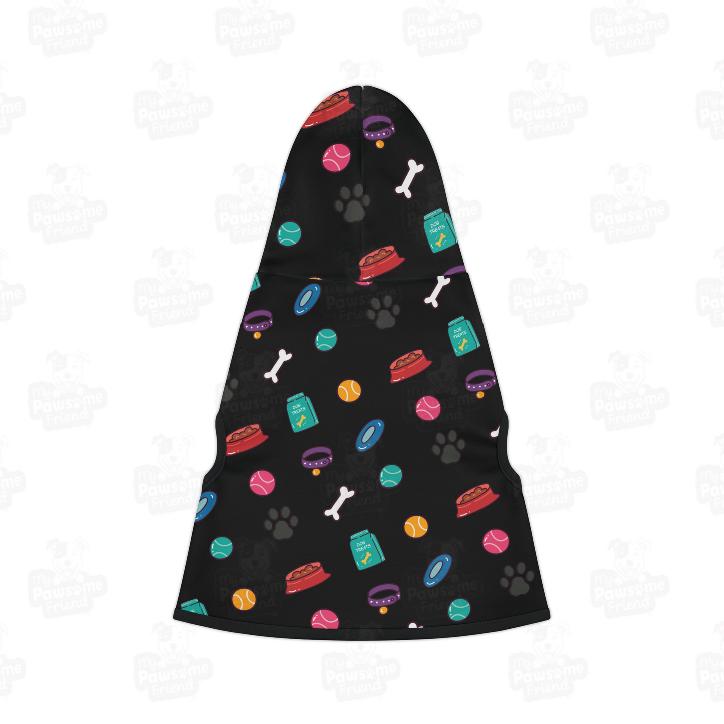 A pet hoodie with a beautiful pattern design with all things dog love. Hoodie's Color is black