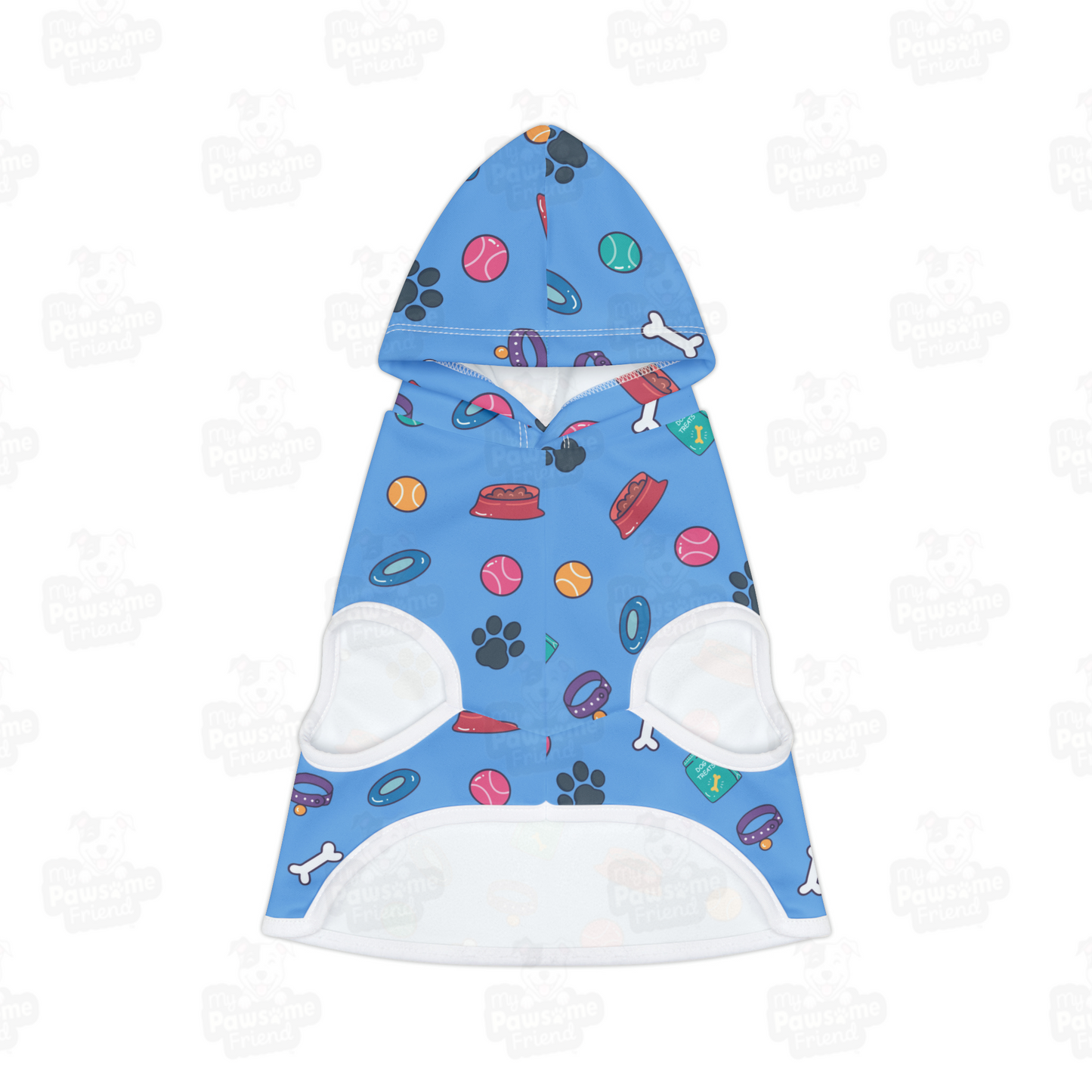 front view of a pet hoodie with a beautiful pattern design with all things dog love. Hoodie's Color is blue