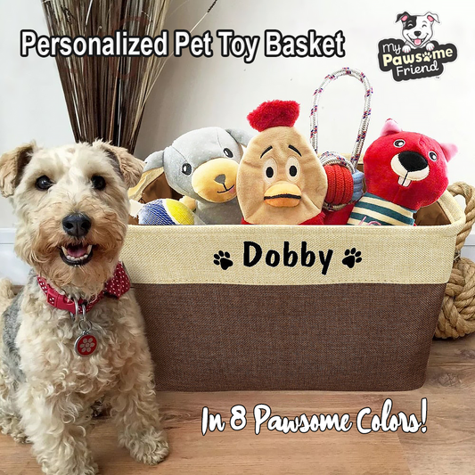 a cute dog next to a personalized pet toy basket filled with dog toys