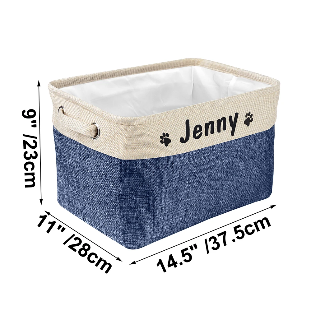 dimensions of a personalized pet toy basket filled with dog toys. Color of the pet toy basket is blue